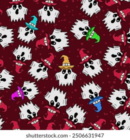 Seamless vector Halloween pattern with ghosts and colorful witch hats. Simple doodle style