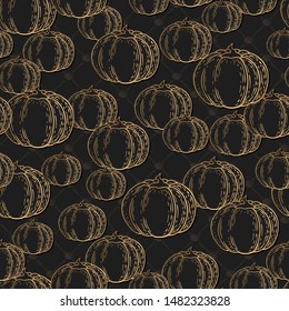Seamless vector Halloween pattern with gold pumpkins on black background