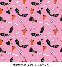 Seamless vector Halloween pattern with hand drawn elements on pink background. Print with bats, broomsticks, zombie hands and eyes for halloween holidays events. 