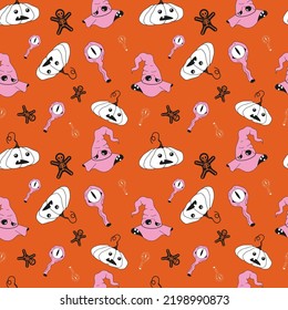 Seamless vector Halloween pattern with hand drawn elements on orange background. Print with pumpkins, wizard hats,gingermans and eyes for halloween holidays events. 