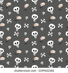 Seamless vector Halloween pattern with hand drawn elements on grey background. Print with skull, bones and spider for halloween holidays events. 