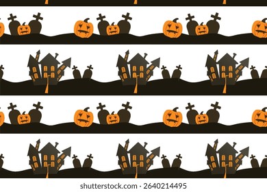 Seamless vector Halloween pattern Haunted castle spooky pumpkins gravestones cemetery Repeating dark vector design for wrapping paper fabric holiday decorations Isolated transparent background