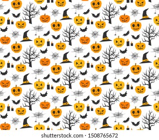 Seamless vector Halloween pattern. Horror mystery background for fabric, textile, cover, wrapping, web etc. 10 eps design. Classic black and orange wallpaper.