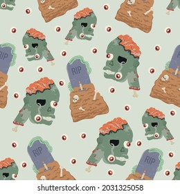 Seamless vector halloween pattern. Illustration of a grave and a zombie for wallpaper, backdrop, wrapper decoration.