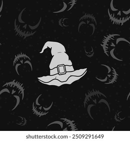 Seamless vector Halloween pattern with Jack smile and witch hat. Simple doodle style. Isolated background.