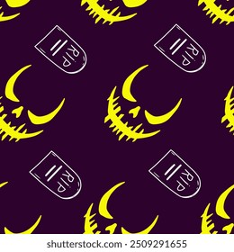 Seamless vector Halloween pattern with Jack smile and rip gravestones. Simple doodle style. Isolated background.