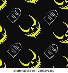 Seamless vector Halloween pattern with Jack smile and rip gravestones. Simple doodle style. Isolated background.