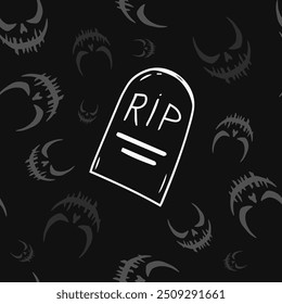 Seamless vector Halloween pattern with Jack smile and rip gravestones. Simple doodle style. Isolated background.