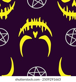 Seamless vector Halloween pattern with Jack smile and spooky pictograms. Simple doodle style. Isolated background.