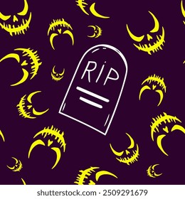 Seamless vector Halloween pattern with Jack smile and rip gravestones. Simple doodle style. Isolated background.