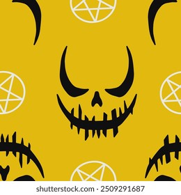 Seamless vector Halloween pattern with Jack smile and spooky pictograms. Simple doodle style. Isolated background.