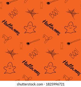 Seamless vector halloween pattern with lettering, candy, ghost, web, witch hat and broom. Boo. Black elements on orange board. Funny cartoon wallpaper for textile and fabric. Endless design. 