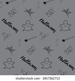 Seamless vector halloween pattern with lettering, candy, ghost, web, witch hat and broom. Boo. Black elements on grey board. Funny cartoon wallpaper for textile and fabric. Endless design. 