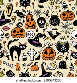 Seamless Vector Halloween Pattern, Magic Hand Drawn Doodle. Magic Hat, Broom, Potions, Books, Magic Wand. Mystical Holiday Pattern.