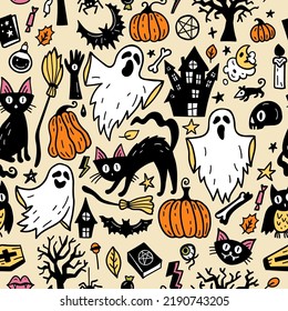 Seamless Vector Halloween Pattern, Magic Hand Drawn Doodle. Magic Hat, Broom, Potions, Books, Magic Wand. Mystical Holiday Pattern.