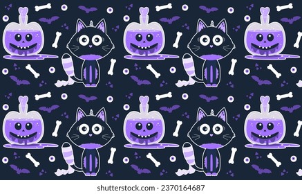 Seamless vector Halloween pattern on a purple background. A cat and a potion with funny faces. Illustration