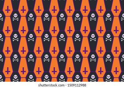 Seamless vector Halloween pattern with orange and black caskets, skulls and crossbones on purple background. 