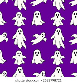 Seamless vector Halloween pattern with playful cartoon ghosts on a vibrant purple background, featuring various ghost poses for a spooky yet fun design.