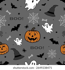 A seamless vector Halloween pattern with playful ghosts, carved pumpkins, witch hats, bats, spider webs, and bones. Stylized in black, white, orange and gray on a dark gray background. Perfect for mod