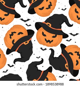 Seamless vector halloween pattern with pumpkins in witch hats isolated on white background. Illustration for textile, print, card, invitation, wallpaper, fabric, home decor