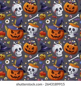 Seamless vector Halloween pattern with pumpkins, skulls, witch hats, candy, and creepy objects on gray background