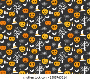 Seamless vector Halloween pattern. Scary repeat background for fabric, textile, cover, wrapping, web etc. 10 eps design. Classic black and orange wallpaper.