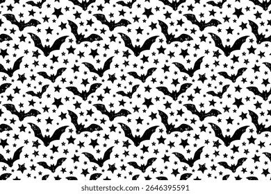 Seamless vector halloween pattern with silhouettes of bats and stars on a white background. Traced