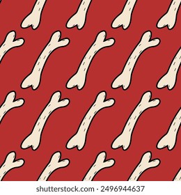 Seamless vector Halloween pattern with skeleton bones isolated on red background