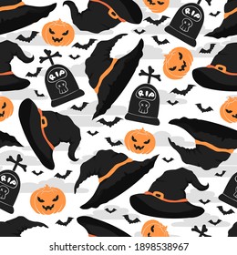 Seamless vector halloween pattern with witch hats, headstones, pumpkins and bats isolated on white background.  Illustration for textile, print, card, invitation, wallpaper, fabric