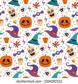 Seamless vector halloween pattern with witch hats, pumpkins and sweets isolated on white background. Illustration for textile, print, card, invitation, wallpaper, fabric.