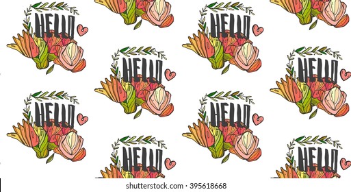 Seamless vector hand draw  pattern with bouquets of orange tulips and calligraphic lettering hello  in green  colored oval with branches contour and heart on white background.