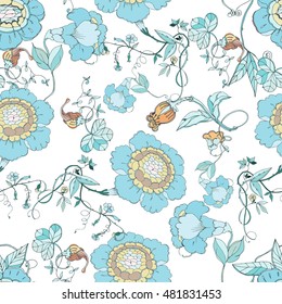 Nahtlose Vektorhandzeichnung Blumen im Chinoiserie-Stil für Scrapbooking, Speichern Sie die Datumskarte, Postkarte, Flyer oder Hochzeitseinladung, Tapete, Umschlagpapier, Hintergrund