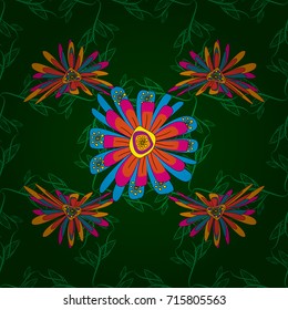 Seamless vector hand drawing flowers in doodle style for scrapbooking, Save the date card, postcard, flyer or wedding invitation, wallpaper, wrapping paper. Sketch in magenta, blue and green colors.