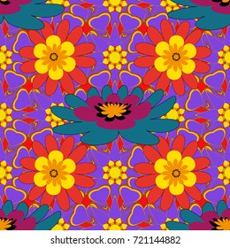 Seamless vector hand drawing flowers in doodle style for scrapbooking, Save the date card, postcard, flyer or wedding invitation, wallpaper, wrapping paper. Sketch in red, yellow and violet colors.