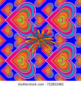 Seamless vector hand drawing flowers in doodle style for scrapbooking, Save the date card, postcard, flyer or wedding invitation, wallpaper, wrapping paper. Sketch in magenta, red and blue colors.