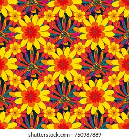 Seamless vector hand drawing flowers in doodle style for scrapbooking, Save the date card, flyer or wedding invitation, wallpaper, wrapping paper, background. Sketch in blue, yellow, red colors.