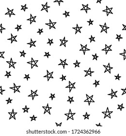 Seamless vector hand drawing . Star in black color on white background.