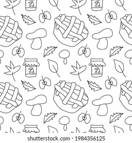 Seamless vector hand drawn autumn pattern on white isolated background. Print pie,jam,mushrooms,apples,branches,leaves in doodle style with black line . Design for wrapping paper, textiles, packaging.