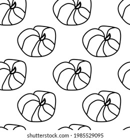 Seamless vector hand drawn autumn pattern on white isolated background. Print pumpkin in doodle style with black line. Designs for wrapping paper, textiles, packaging, social media, web, wallpaper.