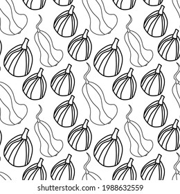 Patrón de otoño dibujado a mano sin foco sobre fondo blanco aislado. Imprimir calabaza en estilo doodle con línea negra. Diseños para envolver papel, textiles, envasado, medios sociales, web, papel pintado.