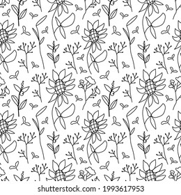 Patrón de otoño dibujado a mano sin foco sobre fondo blanco aislado. Imprimir girasoles, ramas, hojas en forma de doodle con línea negra. Diseño para envolver papel, textiles, envasado.