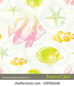 Seamless vector hand drawn background - tropical fishes