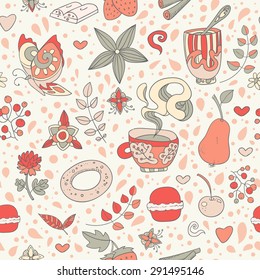 Seamless vector hand drawn background food with sweets, tea, cupcake, coffee