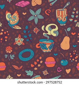 Seamless vector hand drawn background with sweets, tea, cupcake, coffee and flowers in dark colors