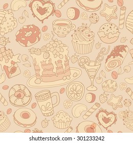 Seamless vector hand drawn background with sweets, tea, cupcake, coffee and donuts