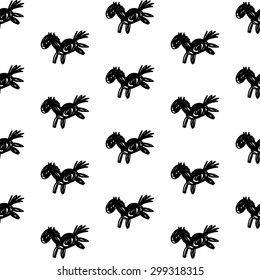 Seamless vector hand drawn black and white pattern with cartoon horse or pony. Tribal design