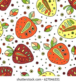 Seamless vector hand drawn childish pattern with fruits. Cute childlike strawberries with leaves, seeds, drops. Doodle, sketch, cartoon style background. Line drawing Endless repeat swatch