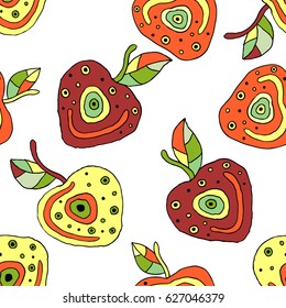 Seamless vector hand drawn childish pattern with fruits. Cute childlike cherry with leaves, seeds, drops. Doodle, sketch, cartoon style background. Line drawing Endless repeat swatch