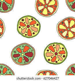 Seamless vector hand drawn childish pattern with fruits. Cute childlike lime, lemon, orange, grapefruit with leaves, seeds, drops. Doodle, sketch, cartoon style background. Line drawing