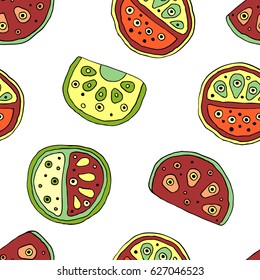 Seamless vector hand drawn childish pattern with fruits. Cute childlike watermelon with leaves, seeds, drops. Doodle, sketch, cartoon style background. Line drawing Endless repeat swatch